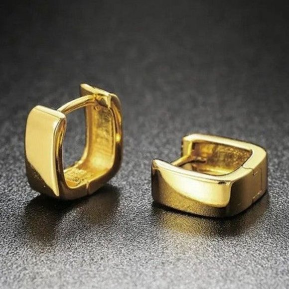 14K Gold Mens Square Earrings 14 K Sterling Silver Jewelry Huggies Guys Retro - Picture 1 of 7